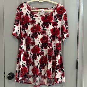 LuLaRoe White Tee with Red Rose Print